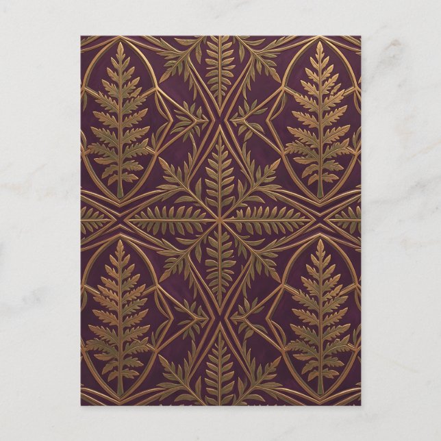 Cartão Postal Samambaia Dourada Geométrica Ornamentada Roxa (Frente)
