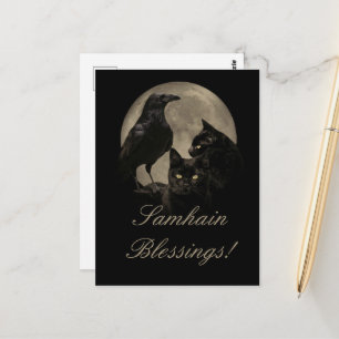 Cartão Postal Samhain Raven e Black Cat Pagan