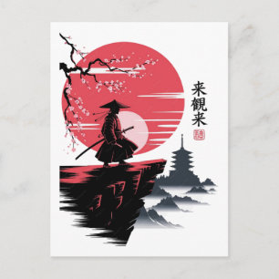 Cartão Postal Samurai Gato Preto Guerreiro Japonês Vintage 