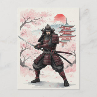Cartão Postal Samurai sob o Pôr do Sol das Flores de Cerejeira