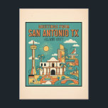 Cartão Postal San Antonio Texas Alamo Retro Travel 1930s<br><div class="desc">San Antonio Texas Alamo Retro Travel Postcard – 1930s Style Colorful Graphic Design Art, Vintage Inspired Tourist Souvenir Greeting Card POD Description: Celebrate the spirit of the Lone Star State with this vibrant San Antonio, Texas Alamo retro travel postcard featuring a bold artistic rendering inspired by the stylish travel posters...</div>