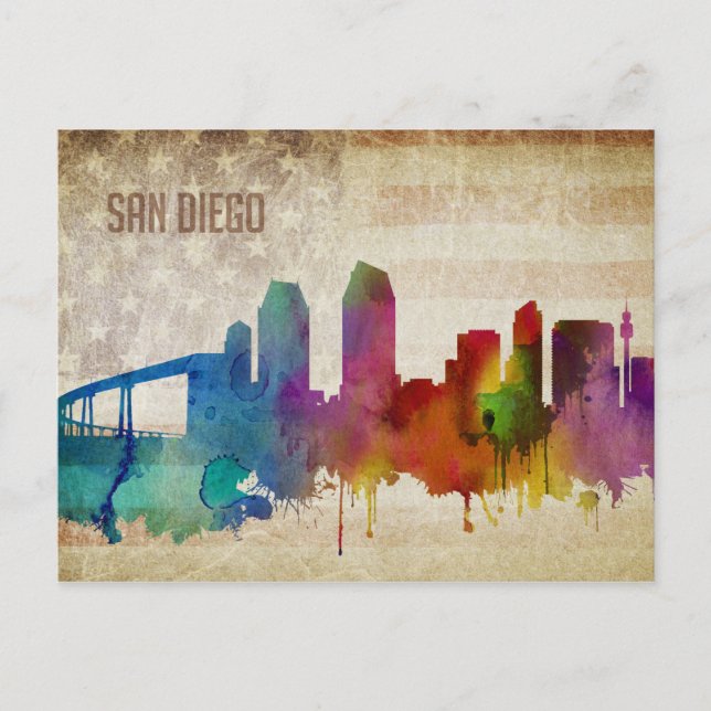 Cartão Postal San Diego, CA | Linha Skyline Cidade de Cores (Frente)