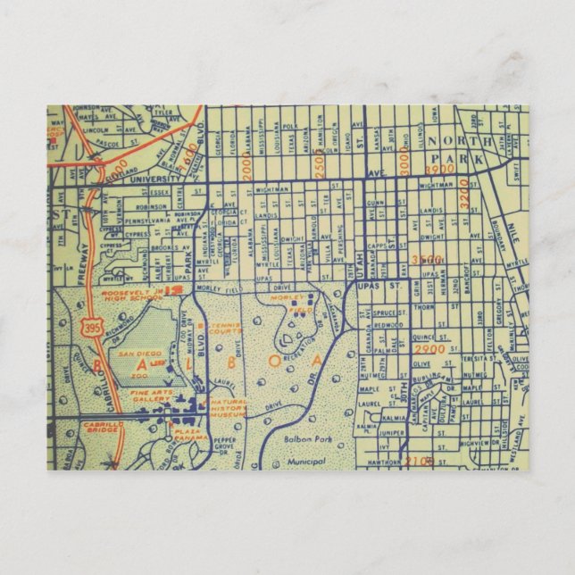 Cartão Postal San Diego, CA Vintage Map (Frente)