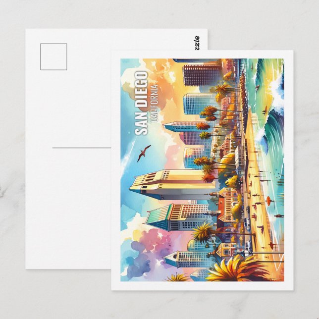 Cartão Postal San Diego California Familiar Place aquarela (Frente/Verso)