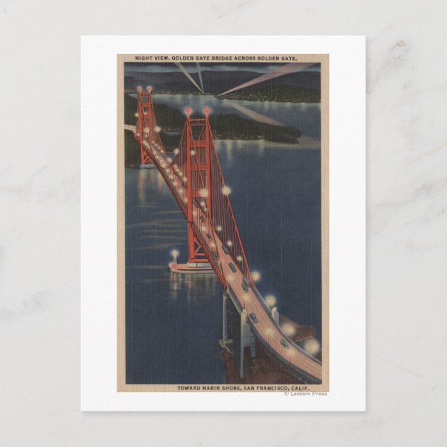 Cartão Postal San Francisco, CA - Visão Noturna da Porta do Ouro (Frente)