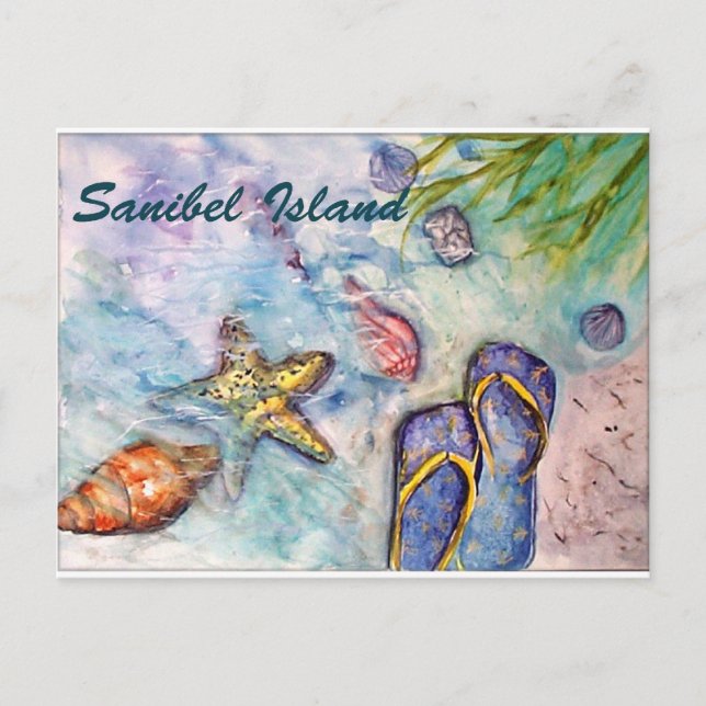 Cartão Postal Sanibel Island Watercolor Art da Flórida (Frente)