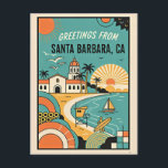 Cartão Postal Santa Barbara CA Retro Travel Greetings 1950s<br><div class="desc">Santa Barbara CA Retro Travel Greetings Postcard – Colorful 1950s Mid-Century Style Souvenir, Stylish Graphic Design, Vintage Inspired POD Description: Celebrate the sun-soaked charm of Santa Barbara with this vibrant retro-inspired travel postcard! Designed in the spirit of classic 1950s mid-century travel art, this colorful piece captures the relaxed California coastal...</div>