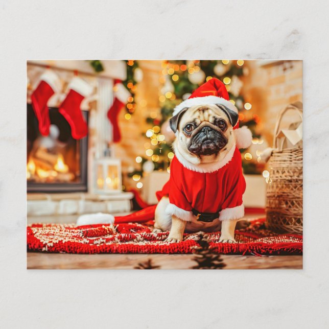 Cartão Postal Santa Claus Pug with Christmas Tree (Frente)