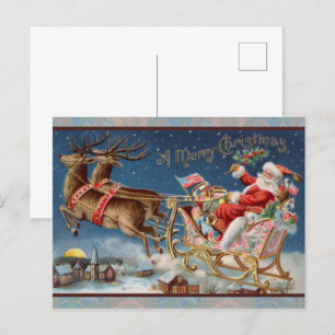 Cartão Postal Santa Claus Sleigh com Reindeer na véspera de Nata