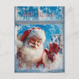 Cartão Postal Santa Claus waving cheerfully from a snowy window