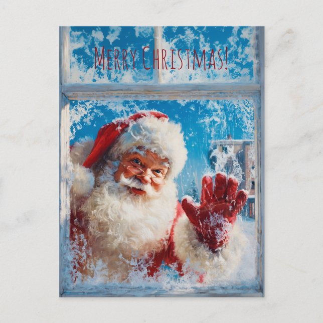Cartão Postal Santa Claus waving cheerfully from a snowy window (Frente)