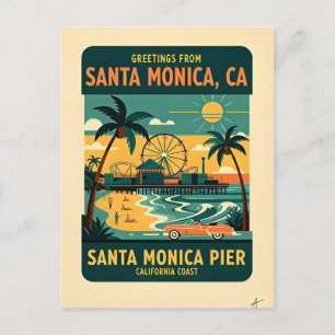 Cartão Postal Santa Monica CA Pier Viagem Retro Anos 1950