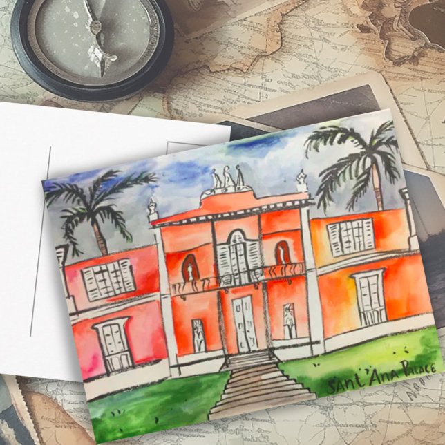 Cartão Postal Sant'Ana Palace Açores Ponta Delgalda São Miguel (Sant'Ana Palace Azores Ponta Delgalda São Miguel watercolor art custom Postcard)