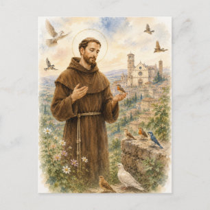 Cartão Postal Santo Francisco de Assis Aquarela de pássaros