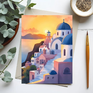 Cartão Postal Santorini, Grécia   Pôr do Sol na Costa em Aquarel