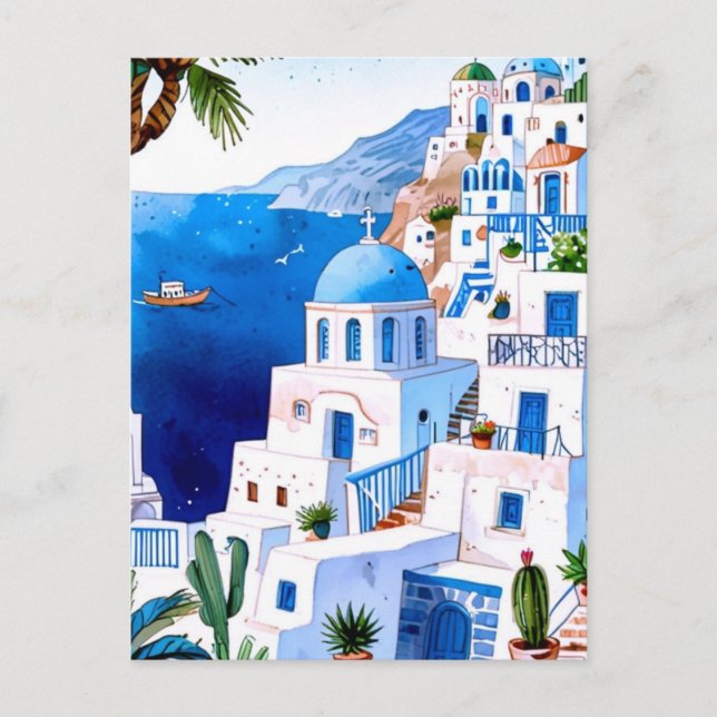 Cartão Postal Santorini, por mar, Grécia azul aquarela grega (Frente)