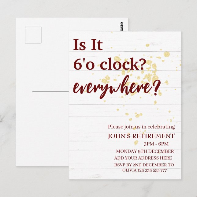 Cartão Postal São 18h em todo lugar, costume de aposentadoria en (Frente/Verso)