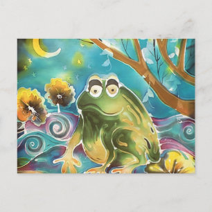 Cartão Postal Sapo Caprichoso Feliz à Noite Pintura em Seda