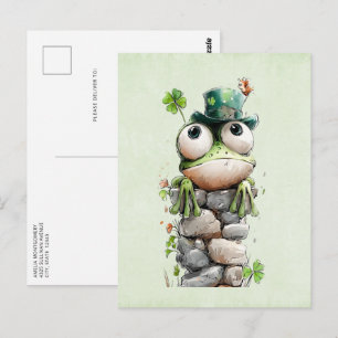 Cartão Postal Sapo com Chapéu Verde e Trevo Fofo