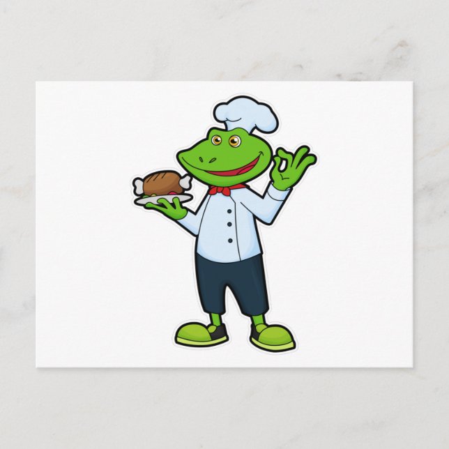 Cartão Postal Sapo como cozinheiro com prato de servir e frango (Frente)