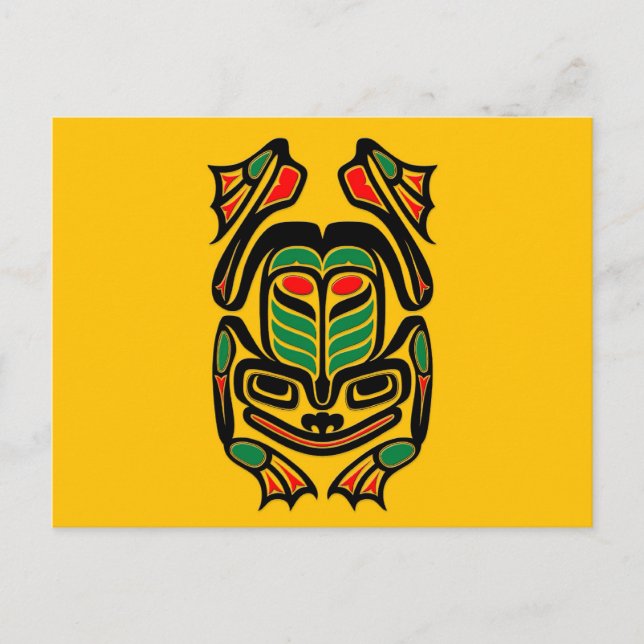 Cartão Postal Sapo de Arte Nativo Haida - preto no amarelo (Frente)