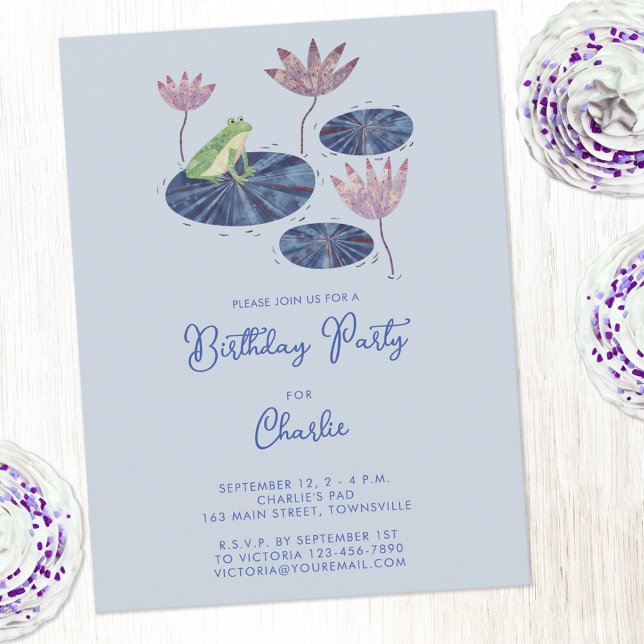 Cartão Postal Sapo em Festa de Aniversário de criança Lily Pond  (Cute frog themed kids birthday party personalized custom text invitation postcard)