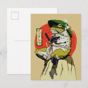 Cartão Postal Sapo Samurai com Estética de Sol Vermelho
