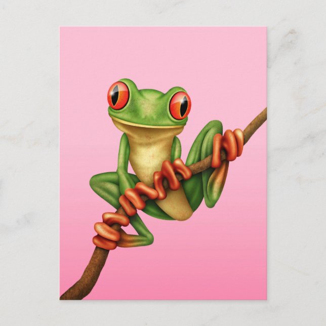 Cartão Postal Sapo verde em uma ramificação a rosa (Frente)
