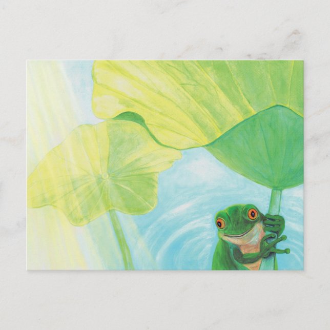 Cartão Postal Sapo verde engraçado sob Lily Pad (Frente)