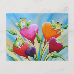 Cartão Postal Sapos Whimsical and Hearts Watercolor Art