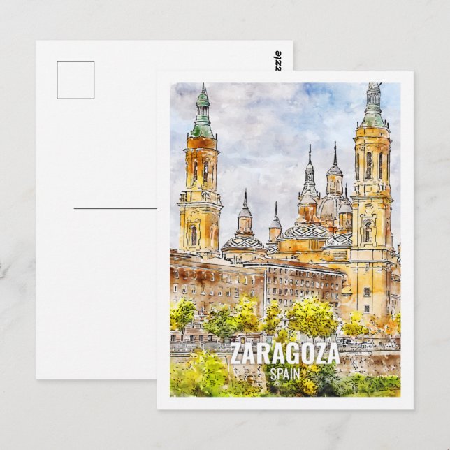 Cartão Postal Saragoça Espanha Lugar de Viagem Famoso Aquarela (Frente/Verso)