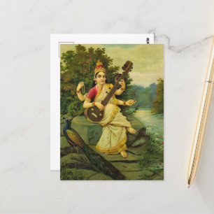 Cartão Postal Saraswati, Deusa da Música por Raja Ravi Varma