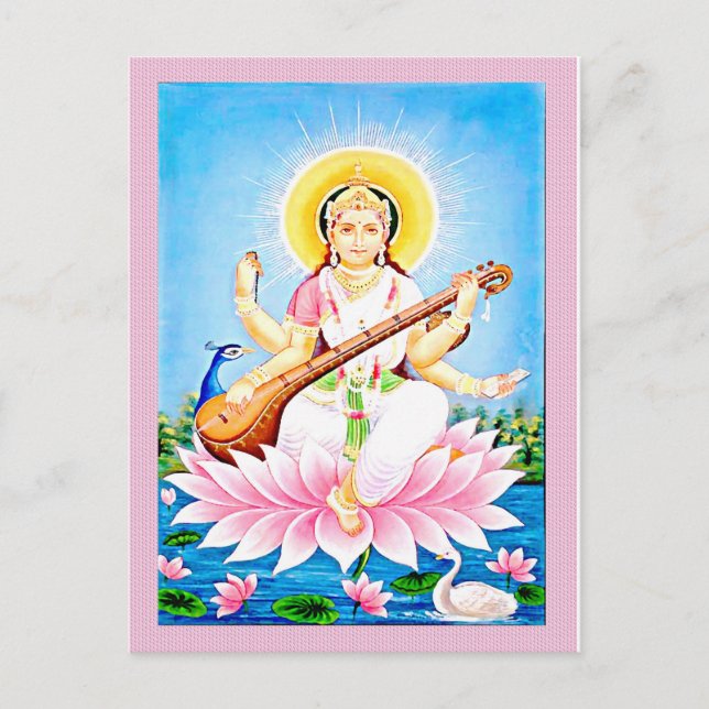 Cartão Postal Saraswati Sentado no Lotus Rosa (Frente)
