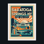 Cartão Postal Saratoga Springs NY Retro Travel<br><div class="desc">Saratoga Springs NY Retro Travel Postcard – The Spa City Colorful Vintage Style Greeting Card, Stylish Graphic Design Souvenir Description: Send a splash of vintage charm from beautiful Saratoga Springs! This vibrant Saratoga Springs, New York – “The Spa City” retro-inspired postcard features a stylish artistic rendering with bold colors, playful...</div>
