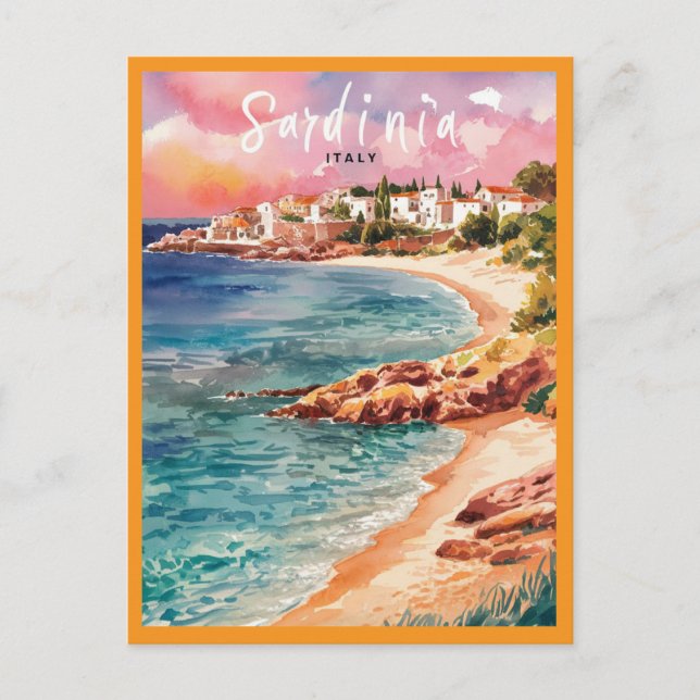 Cartão Postal Sardenha Itália — Pintura de Aquarelas de Praia (Frente)