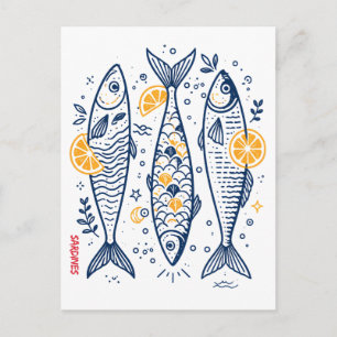 Cartão Postal Sardinhas Vintage Ilustração de Peixes Mediterrâne