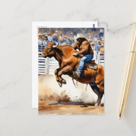 Cartão Postal Sasquatch anda Touro Marrom em Rodeo Watercolor