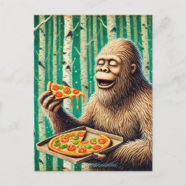 Cartão Postal Sasquatch e Pizza em uma Floresta de Árvore Birch