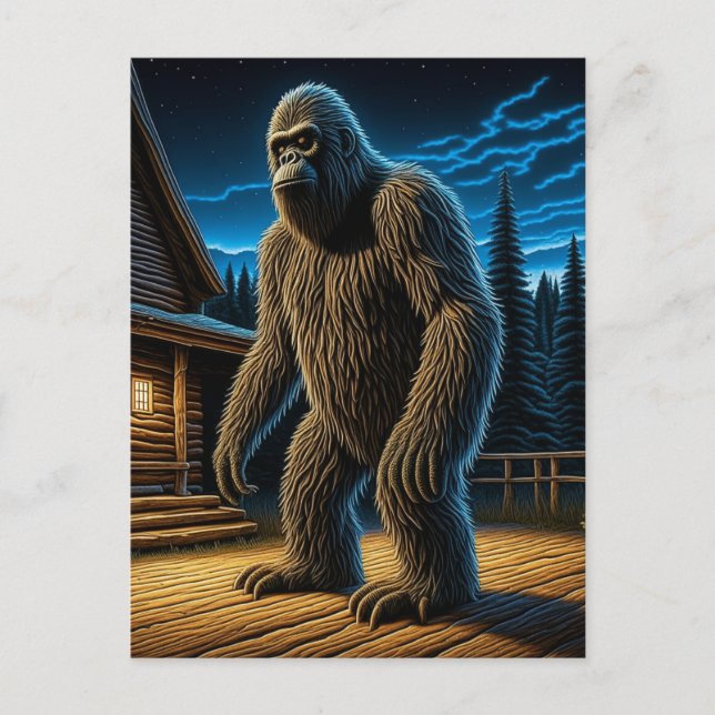 Cartão Postal Sasquatch em frente à Cabina de Log na Floresta (Frente)