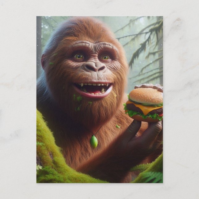 Cartão Postal Sasquatch na floresta mossita com Cheeseburger (Frente)