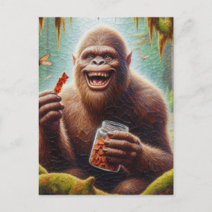 Cartão Postal Sasquatch na floresta mossita com frasco achado de