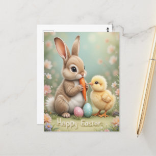 Cartão Postal Saudação Adorável do Coelhinho da Páscoa e Primave