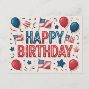 Cartão Postal Saudação de Aniversário com Tema Patriótico Americ