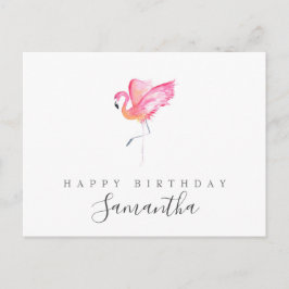 Cartão Postal Saudação de Aniversário Flamingo em Aquarela