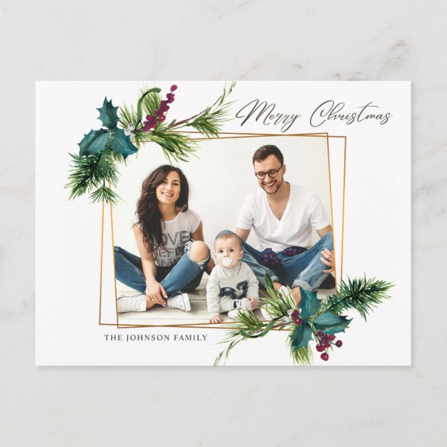 Cartão Postal Saudação de Foto de Frame Holly Pine, Natal elegan (Frente)