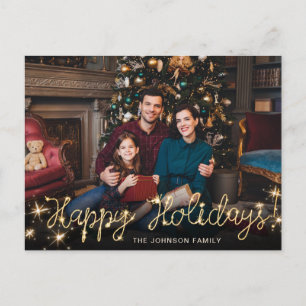 Cartão Postal Saudação de FOTO do Script Sparkle Dourado do feli