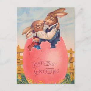 Cartão Postal Saudação de Páscoa Vitoriana Antiga Dois Coelhos s