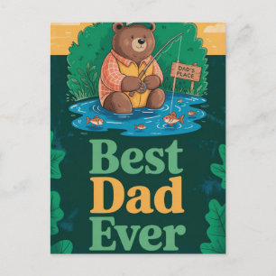 Cartão Postal Saudação do Dia dos Pais com urso fofo pescando