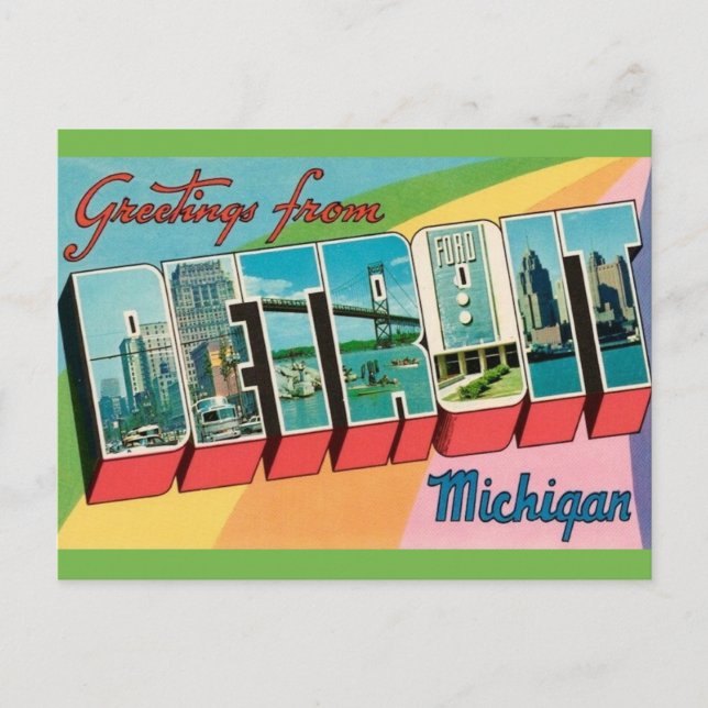Cartão Postal Saudação Retro Detroit Michigan (Frente)