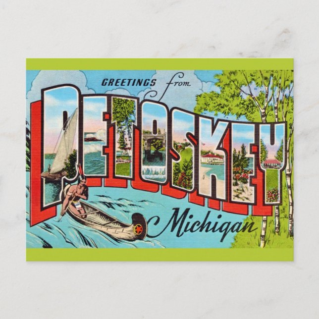 Cartão Postal Saudação Retro Petosky Michigan (Frente)